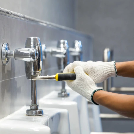 A plumber performs maintenance on a wall of urinals.